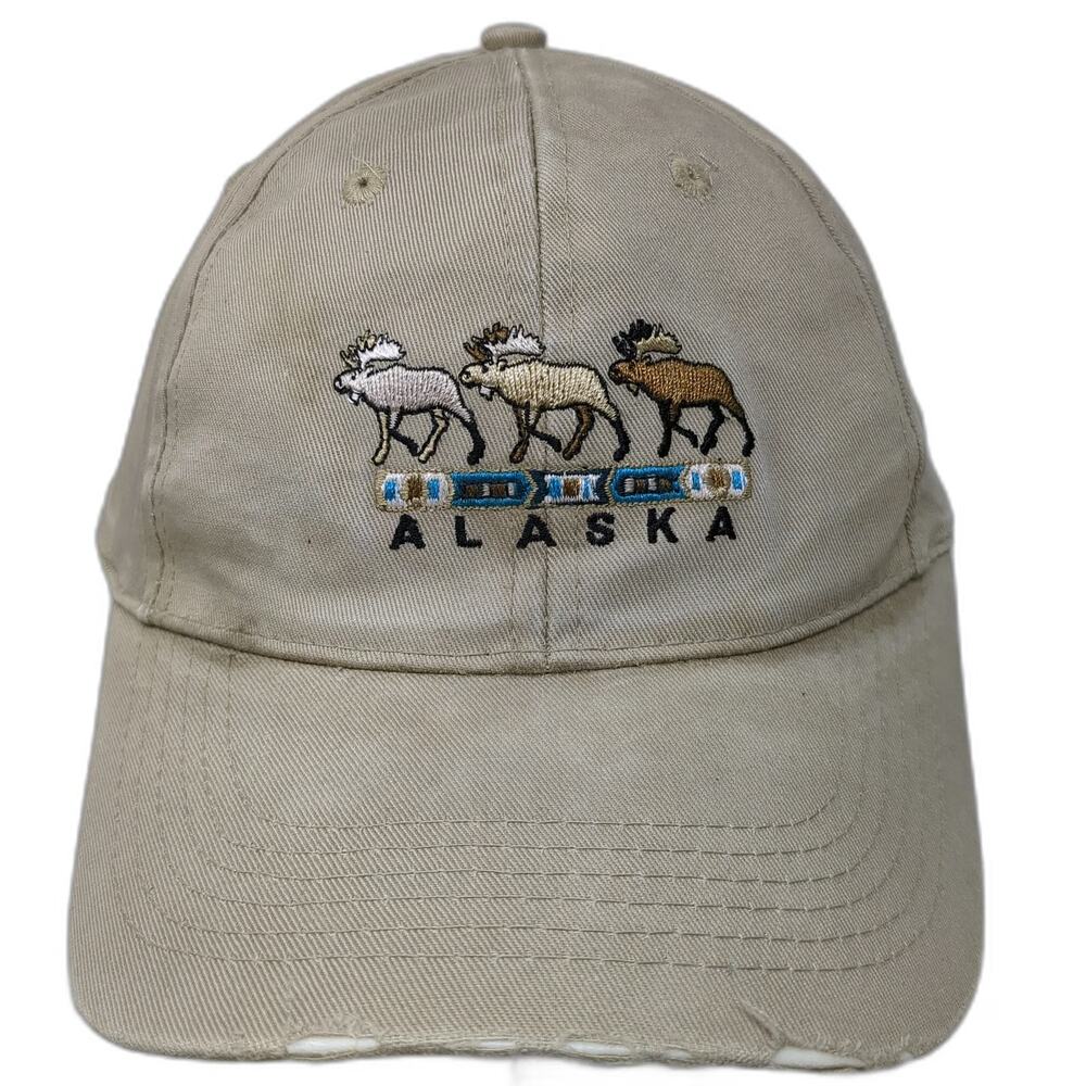 Snapback Hat Beige One Size Alaska Embroidered Moose Tribal Pattern Outdoors